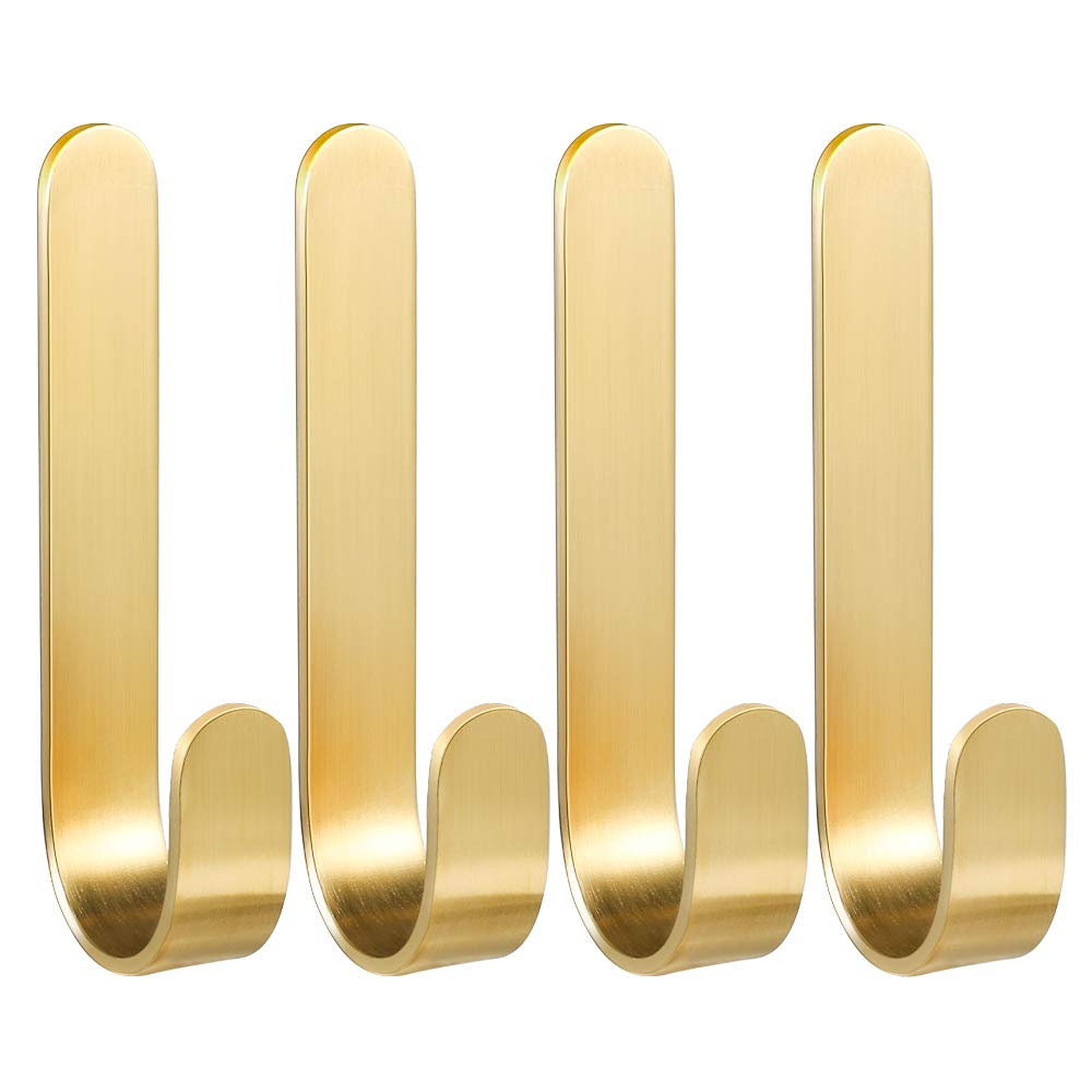 4 Pcs Brass Hooks, L-Shaped Towel Robe Hook on Wall Door, Self-Adhesive Holders for Hanging Coat Hat for Kitchen Bathroom Bedroom, for Door Wall Decoration, 0.5′′ x 3′′ — view 2