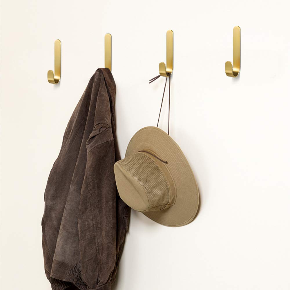 4 Pcs Brass Hooks, L-Shaped Towel Robe Hook on Wall Door, Self-Adhesive Holders for Hanging Coat Hat for Kitchen Bathroom Bedroom, for Door Wall Decoration, 0.5′′ x 3′′ — view 3