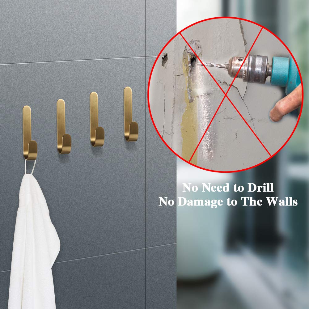 4 Pcs Brass Hooks, L-Shaped Towel Robe Hook on Wall Door, Self-Adhesive Holders for Hanging Coat Hat for Kitchen Bathroom Bedroom, for Door Wall Decoration, 0.5′′ x 3′′ — view 4